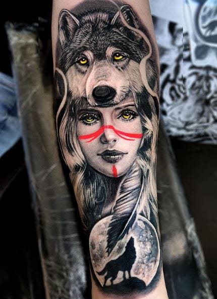 Indian Girl with Wolf Headdress Arm Tattoo