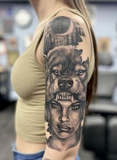 Girl with Wolf Headdress Arm Tattoo