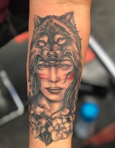 Girl with Flowers and Wolf Headdress Arm Tattoo