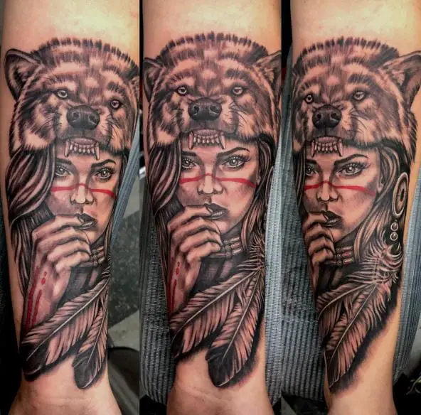 Indian Girl with Feathers and Wolf Headdress Arm Tattoo