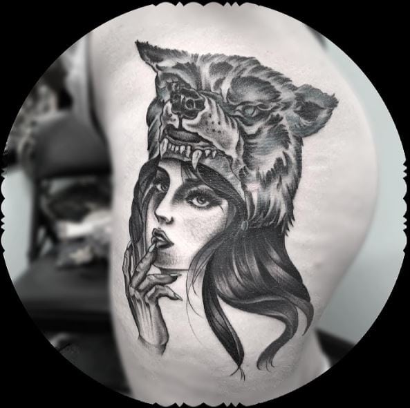 Girl with Wolf Headdress Hip Tattoo