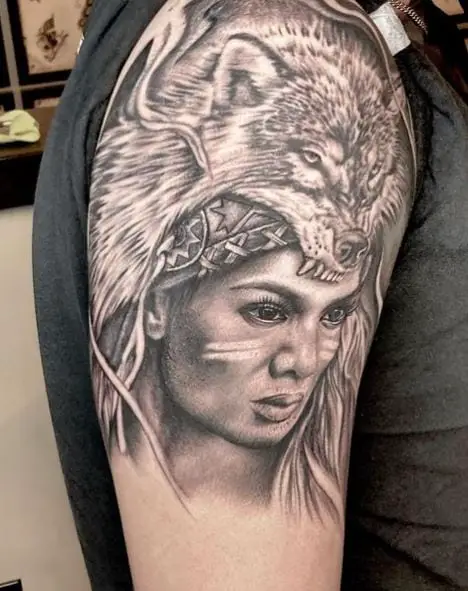Woman with Wolf Headdress Shoulder Tattoo