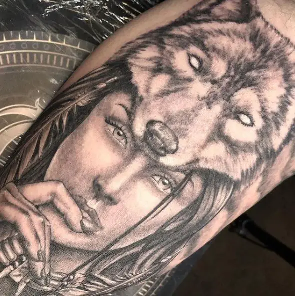 Indian Woman with Wolf Headdress Tattoo