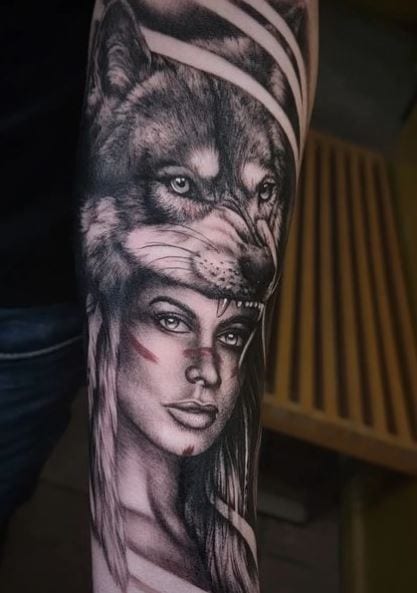 Indian Girl with Wolf Headdress Arm Tattoo