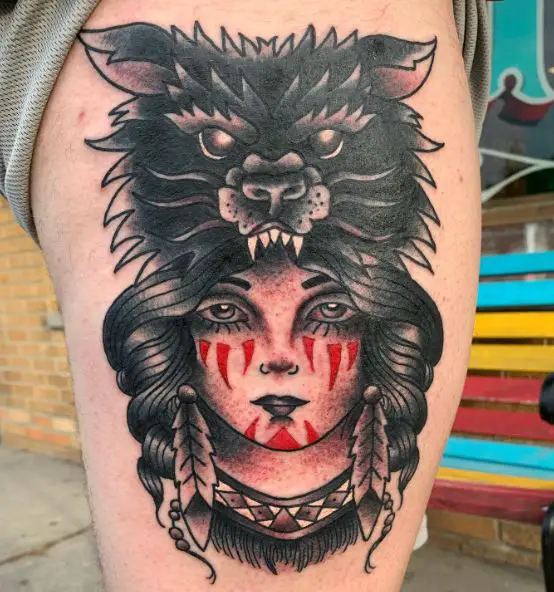Indian Girl with Feathers and Wolf Headdress Thigh Tattoo