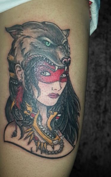Girl with Red Mask and Wolf Headdress Tattoo