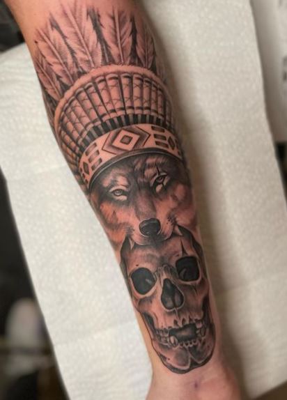 Skull with Wolf Headdress Forearm Tattoo