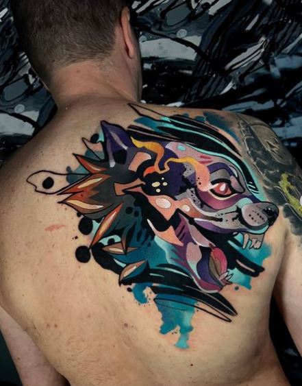 Colorful Abstract Wolf Back Tattoo