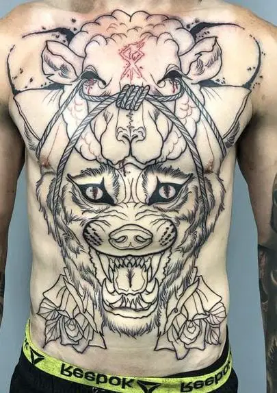 Black Wolf with Sheep Clothing Torso Tattoo