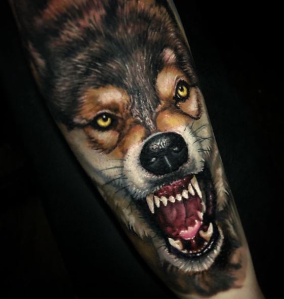 Colored Realistic Snarling Wolf Arm Tattoo