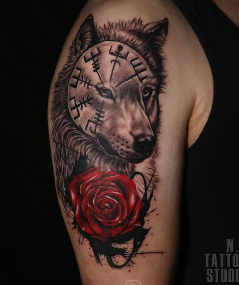 Red Rose and Wolf Arm Tattoo