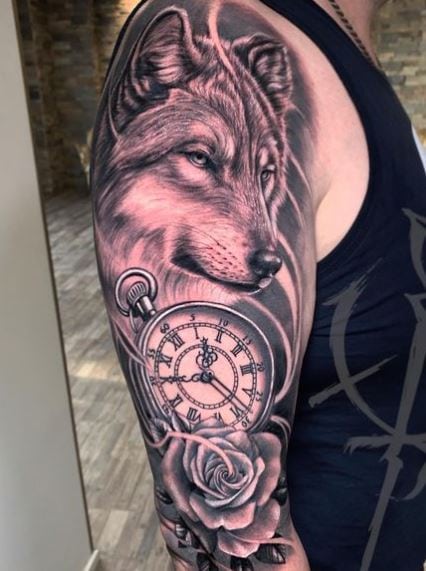 Rose with Pocket Watch and Wolf Arm Tattoo