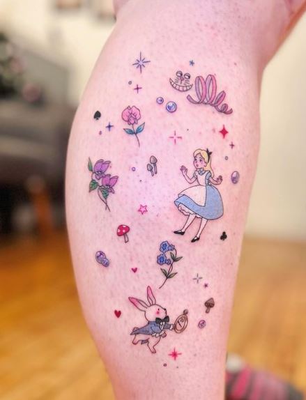 Alice in Wonderland Small Icons Calf Tattoo Piece
