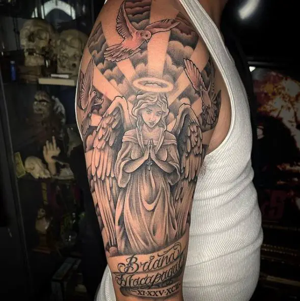 Angel with Halo, Birds and Roman Numbers and Letters Arm Tattoo