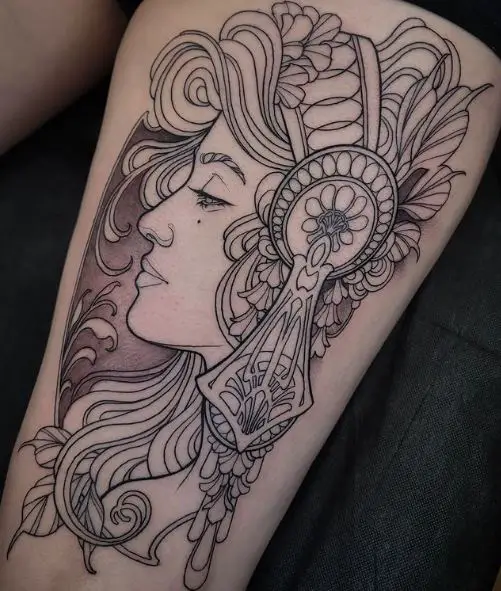 Artistic Woman Face Thigh Tattoo