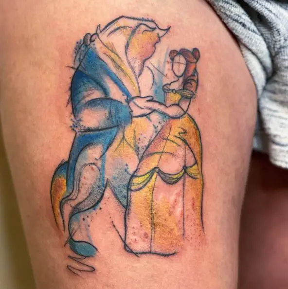 Beauty and the Beast in Watercolor Tattoo