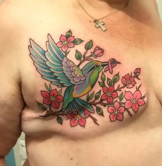 Bird and Florals Breast Tattoo
