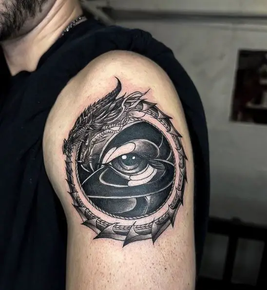 Black Dragon and Eye Ouroboros Arm Tattoo