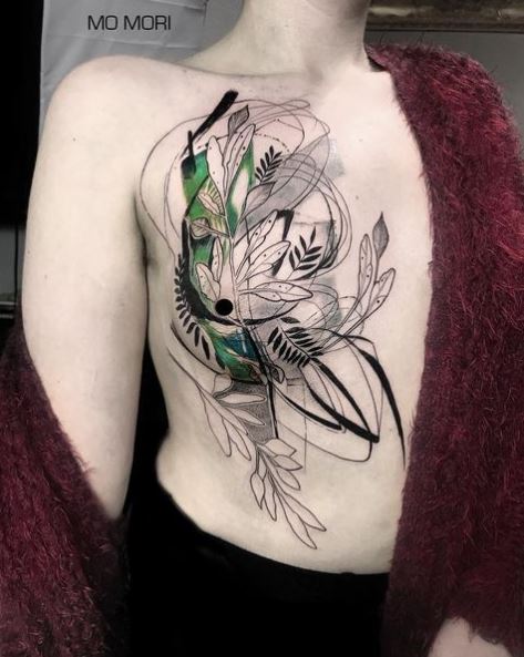 Black, Grey and Green Abstract Breast Tattoo