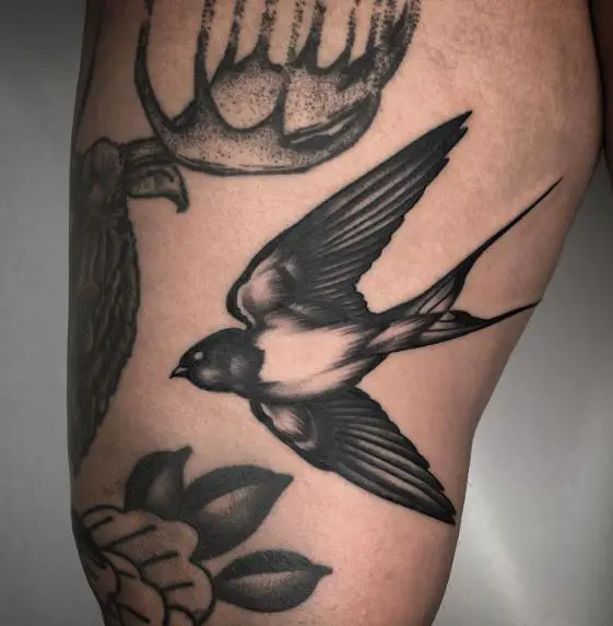 Black Ink Swallow Bird Thigh Tattoo