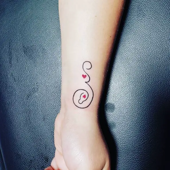 Black Line Mother and Baby Tattoo with Tiny Hearts