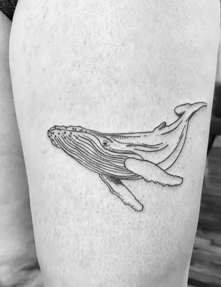 Black Line Whale Thigh Tattoo Piece