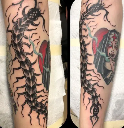 Black Shaded Centipede Forearm Tattoo