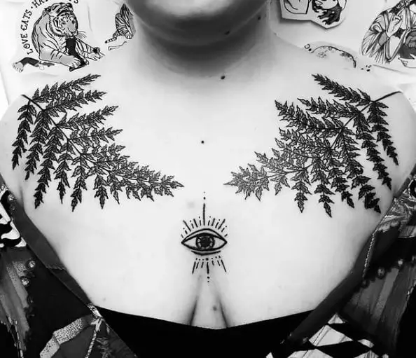 Black Work Fern and Third Eye Chest Tattoo Piece