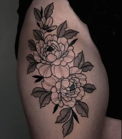 Black Work Floral Thigh Tattoo