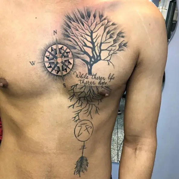 Black Work Nautical Star Compass and Tree Chest Tattoo