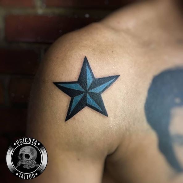 Black and Blue Bold Ink Nautical Star Shoulder Tattoo