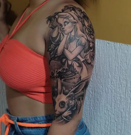 Black and Grey Alice in Wonderland Arm Tattoo