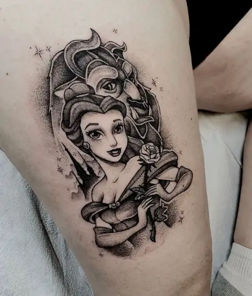 Black and Grey Beauty and the Beast Tattoo