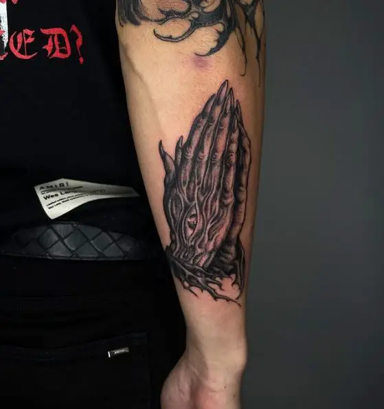 Black and Grey Devil Praying Hands Forearm Tattoo