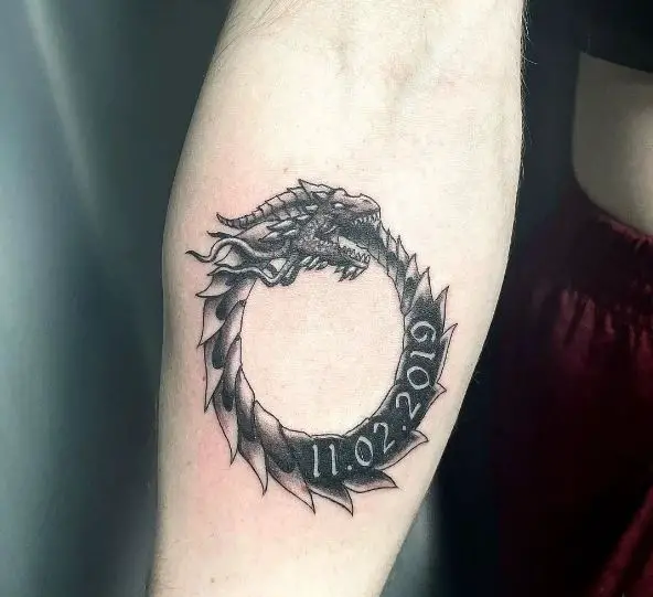 Black and Grey Dragon Ouroboros Tattoo with Date