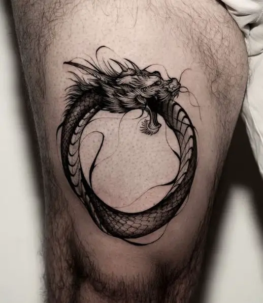 Black and Grey Dragon Ouroboros Thigh Tattoo
