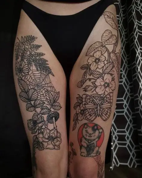 Black and Grey Flowers, Butterfly, Mushroom with Fern Leaves Tattoo
