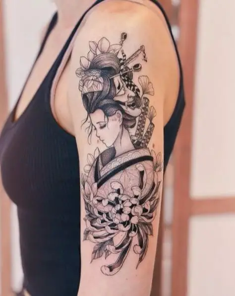 Black and Grey Geisha Forearm Tattoo Piece