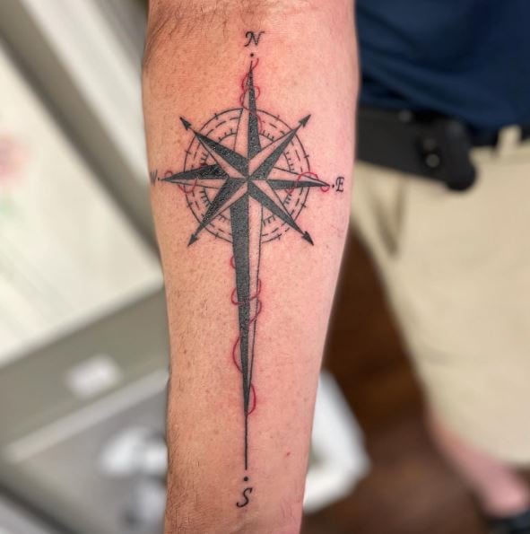 Black and Grey Nautical Star Compass Tattoo