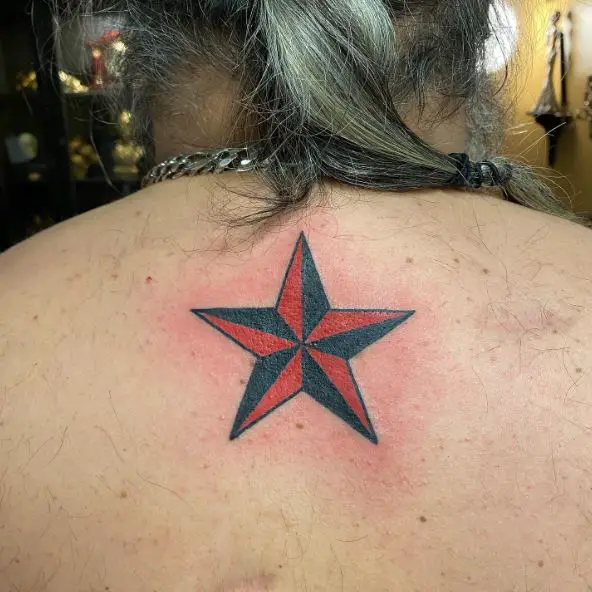 Red Nautical Star Tattoos On Both Shoulders