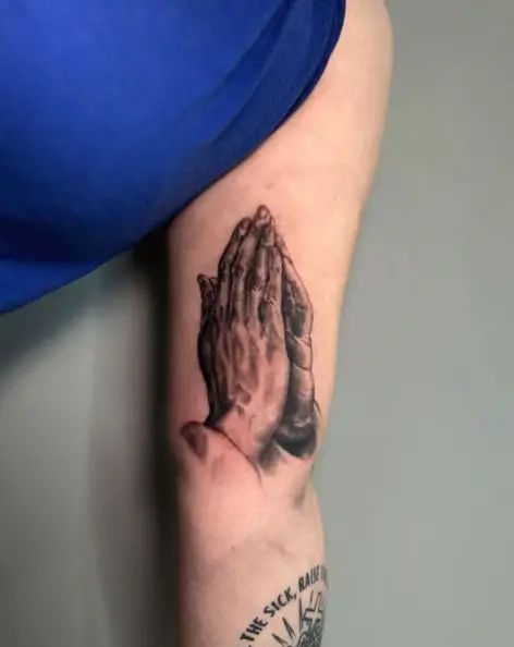 Black and Grey Praying Hands On Inner Bicep