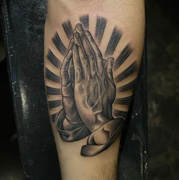 Black and Grey Praying Hands with Halo Forearm Tattoo