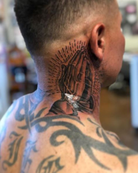 Black and Grey Praying Hands with Halo Neck Tattoo