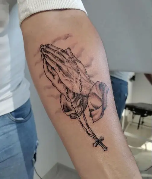 Black and Grey Praying Hands with Rosary Forearm Tattoo