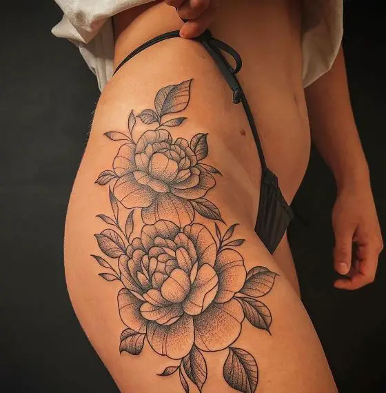 Black and Grey Twin Flowers Thigh Tattoo