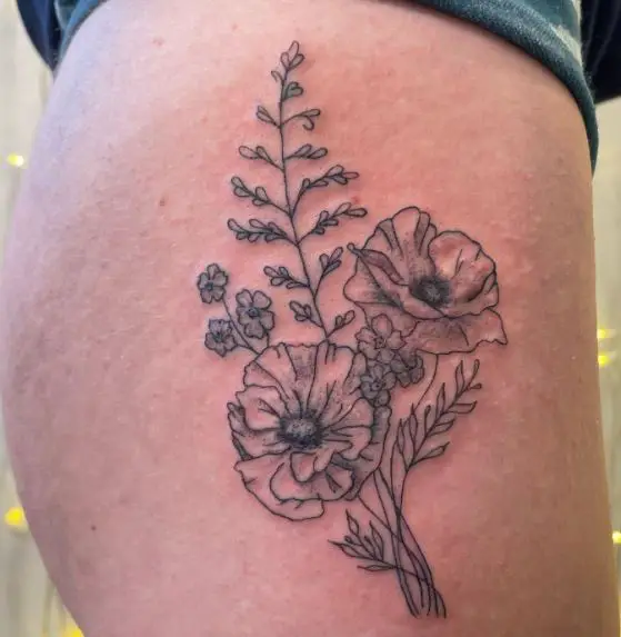 Black and Grey Wild Flowers Bouquet Tattoo