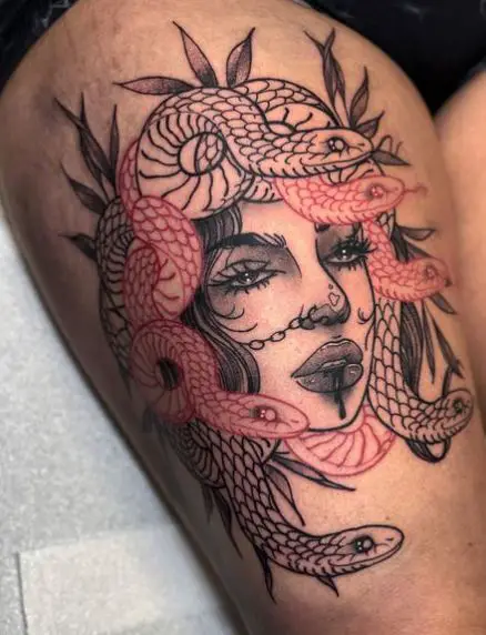 Black and Red Medusa Thigh Tattoo