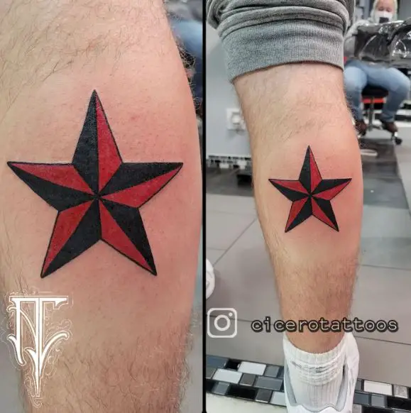Black and Red Nautical Star Calf Tattoo Piece