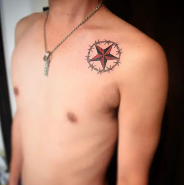 Black and Red Nautical Star with Barbed Wire Chest Tattoo