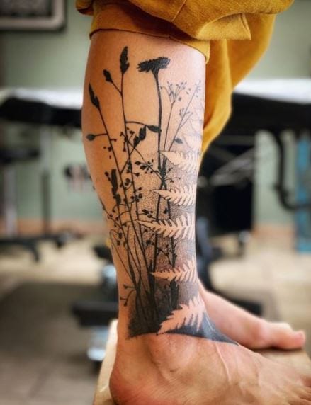 Black and White Fern and Plants Leg Tattoo
